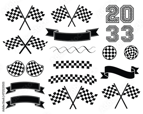 A comprehensive collection of black and white racing symbols and design elements, including checkered flags and banners for motorsport