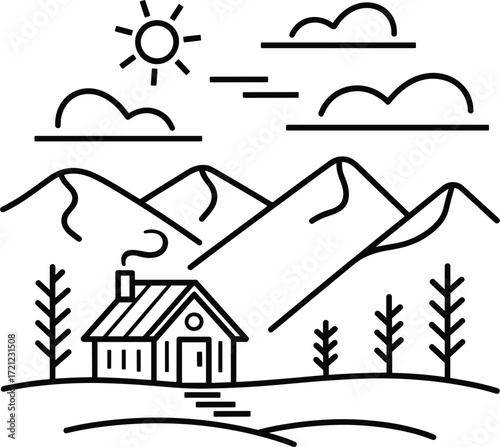 Minimalist mountain landscape with cabin and sun icon Keywords: mountain, landscape, cabin