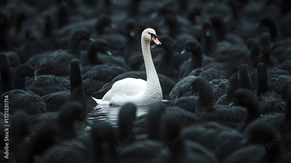 Obraz premium Photograph of a single white swan amidst a dark flock of black swans in water.