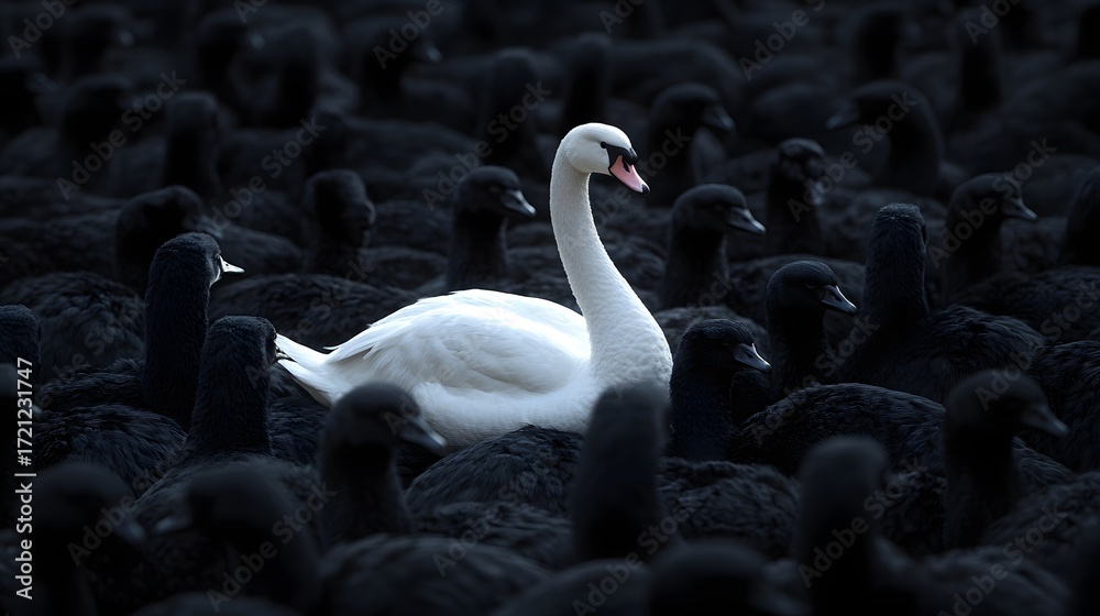 Obraz premium Photograph of a white swan isolated amidst a dark group of black swans.