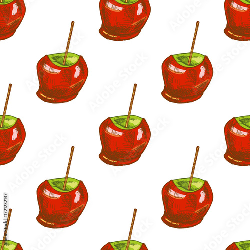Hand drawn vintage seamless pattern of glossy red caramel coated apple with wooden stick in retro style