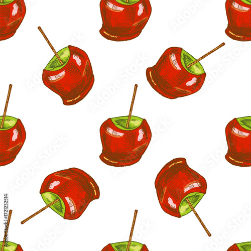 Hand drawn vintage seamless pattern of glossy red caramel coated apple with wooden stick in retro style