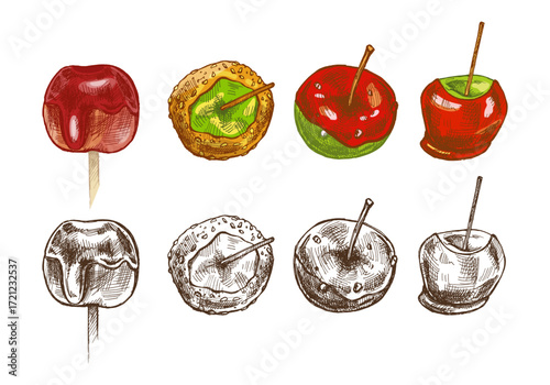 Hand drawn vintage sketch set of caramel apple with glaze and sesame in color and monochrome version