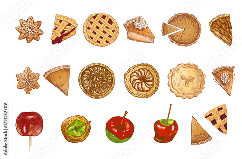 Hand drawn vintage sketch set of pie slice, cookie and caramel apple in colorful retro festive food collection