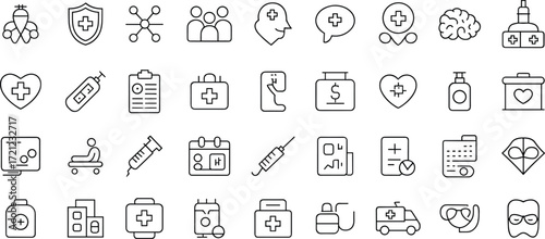 Medical healthcare icon collection, hospital tools, first aid kit, syringe, ambulance, medicine, pharmacy, doctor, emergency care, treatment, vector outline illustration.