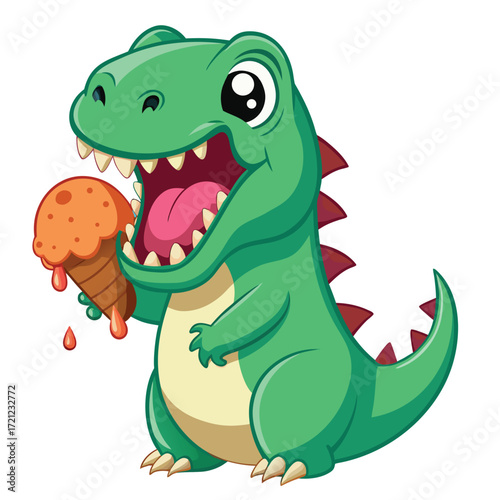 "Cute Cartoon Dinosaur with Melting Ice Cream Cone"