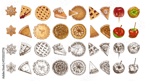 Hand drawn vintage sketch set of pie slice, cookie and caramel apple in color and monochrome version