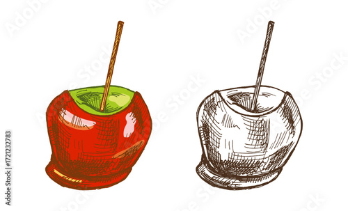 Hand drawn vintage sketch of caramel apple on wooden stick with glossy glaze in color and monochrome version