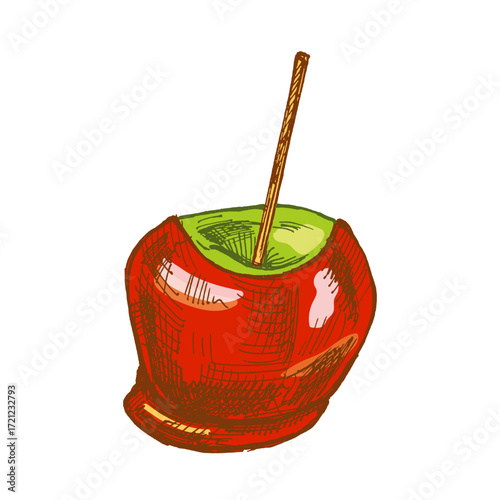 Hand drawn vintage sketch of caramel apple on wooden stick with shiny red glaze in retro autumn style