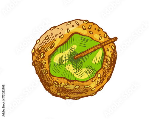Hand drawn vintage sketch of caramel apple with golden sesame coating and wooden stick in retro autumn style