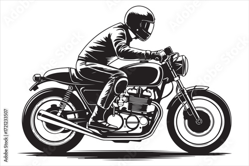Biker Riding Vintage Motorcycle – Black and White Art