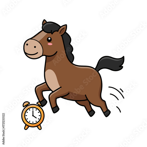 Brown Horse Cartoon Running with Alarm Clock
