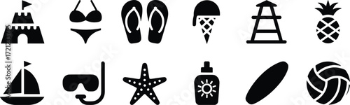 Summer Beach and Vacation Icons on White Background sandcastle bikini