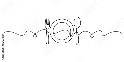 Vector illustration of minimalist continuous single line drawing of a plate with a fork and spoon, representing dining and a meal. Doodle vector illustration