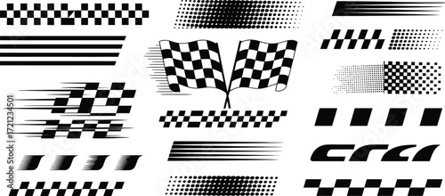 A dynamic collection of monochrome racing elements. A striking graphic design illustration featuring checkered flags, speed lines, and motorsport symbols for competition concepts