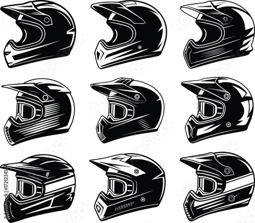 Striking monochromatic vector set showcasing nine distinct motocross helmets, ideal for extreme sports, racing, and safety equipment designs