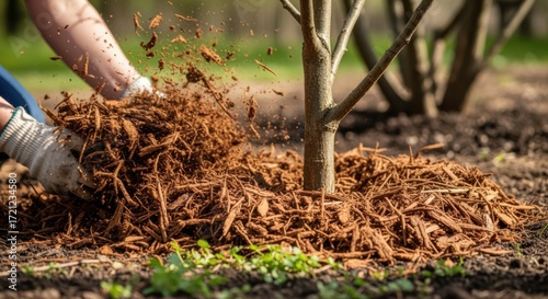 Closeup medium shot of natural mulch being spread around the base of trees to suppress weed growth without chemicals.
