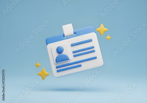 3d rendered identification card with person icon and sparkling accents floating