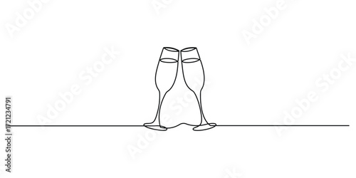Two wine glasses cheering continuous one line drawing vector illustration