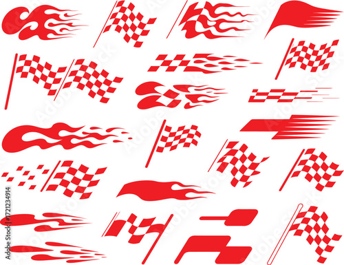 Dynamic vector illustration collection of vibrant racing flags, blazing speed flames, and energetic motion streaks, ideal for high-speed sport and automotive graphic designs