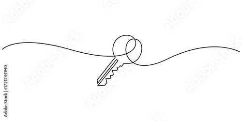 Continuous single line drawing of front door key, House key line art vector illustration