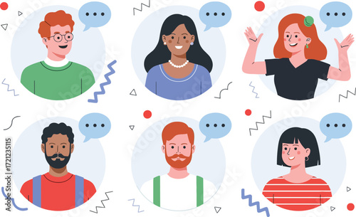 Illustrated diverse people with speech bubbles on white art