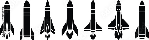 Rocket and space shuttle silhouette set, black icons collection, isolated white background, vector illustration, launch design, aerospace concept