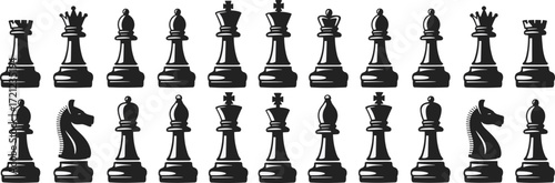 Black chess pieces in two artistic styles, traditional and stylized, arranged in rows, perfect for strategy, game design, and illustration