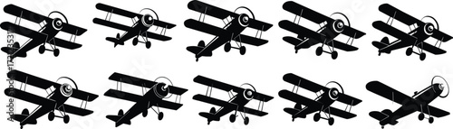 Black silhouette sequence of vintage biplane aircraft, showing rotation angles, aviation design, flight dynamics, isolated on white background