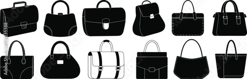 Silhouette collection of stylish handbags, purses, clutches, totes, satchels, backpacks, fashion accessories, isolated on white background for design
