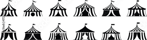 Black and white circus tent icon set, graphic design element, carnival illustration, festival symbol, vector art, striped canopy collection