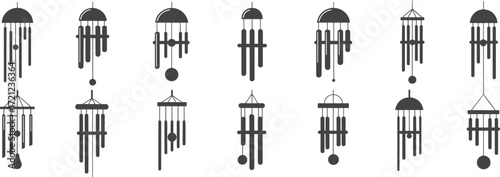 Wind chime silhouette collection, black vector icons, hanging decoration set, minimalist wind bells, home decor, peaceful sound, garden ornament