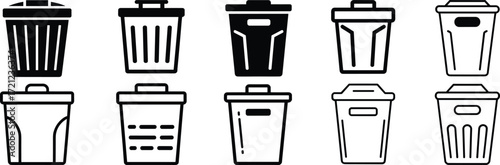 Trash can icon set, waste bin symbols, minimal garbage container designs, UI elements, recycling graphics, vector illustration, clean style