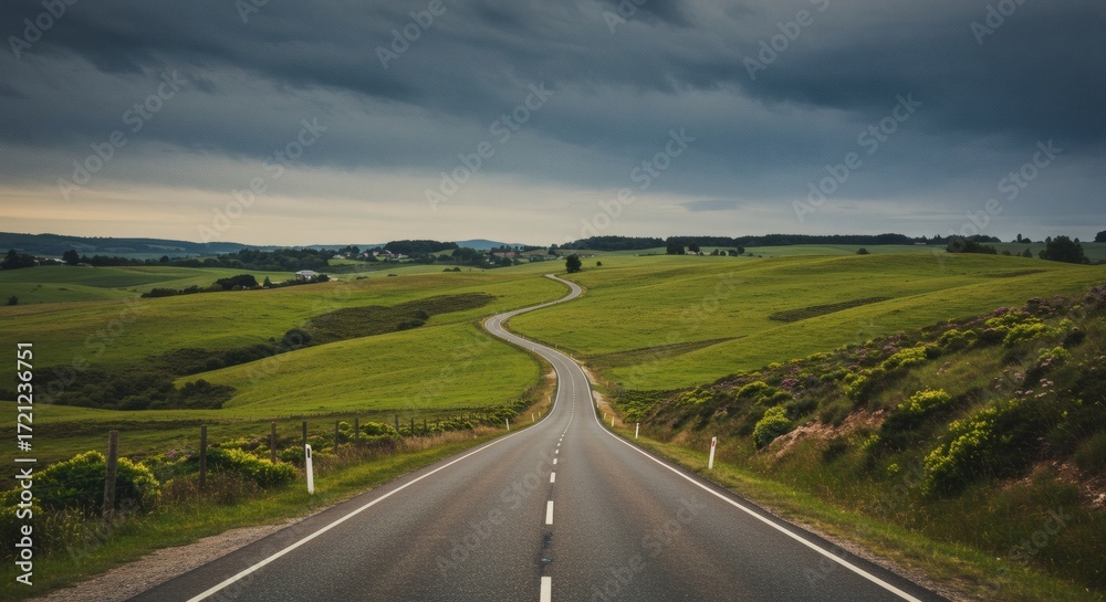 Fototapeta premium An open road winds through lush green fields under a dramatic, cloudy sky, leading towards the horizon.