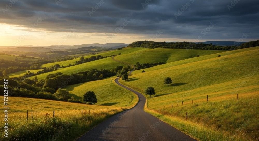 Fototapeta premium Scenic winding road through rolling green hills under a dramatic sky.