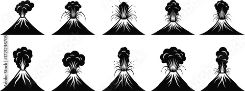 Volcano eruption stages illustration, black and white geology drawing, volcanic activity sequence, educational earth science diagram, natural disaster concept