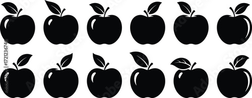 Black apple silhouette icons, minimal fruit design, visual puzzle concept, unique leaf variation, isolated vector set on white background
