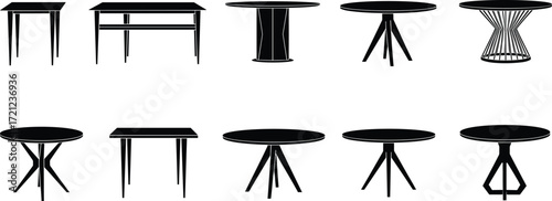 Table silhouette collection, furniture vector set, modern table designs, black icons, interior decor shapes, minimalist style, editable clipart