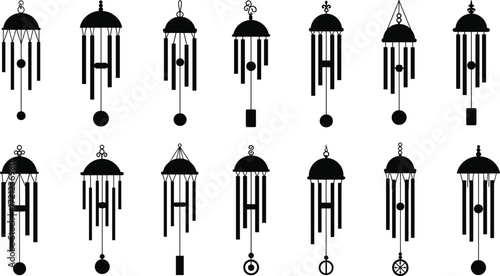 Wind chime silhouettes, black vector icons, hanging chimes set, decorative elements, minimalist design, spiritual decor, peaceful sound art, zen style