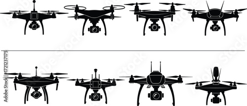 Drone silhouette collection, quadcopter design, aerial technology, black illustration, flying device, camera mount, propeller layout, UAV graphic, minimal drone art