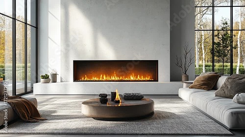 A modern living room features a sleek fireplace, comfortable sofa, and natural light creating a serene atmosphere.
