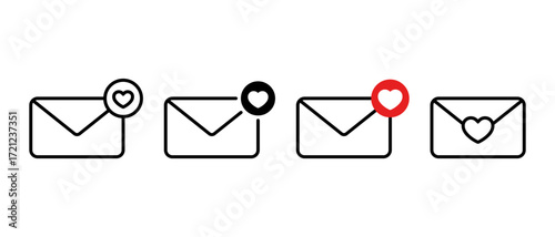 Love message icon set. Envelope with heart symbol