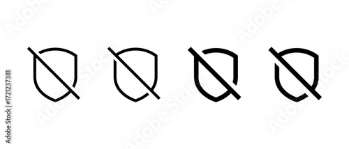 No defense shield icon set. Privacy and safety off symbol