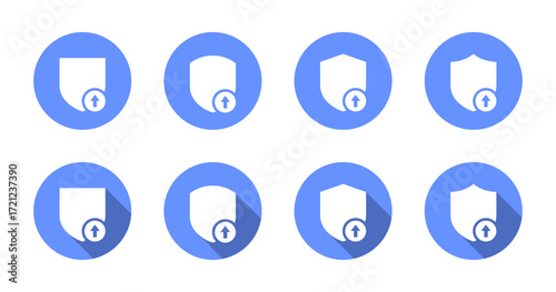 Shield with upward arrow icon set with long shadow. Security update and upgrade protection symbol