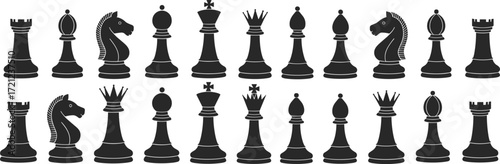 Stylized chess pieces silhouette collection, black vector icons, classic and modern design, strategy game symbols, isolated on white background
