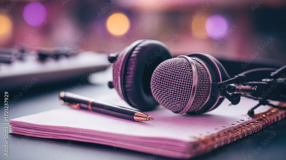 Obraz premium Microphone, headphones, and pen resting on notepad.