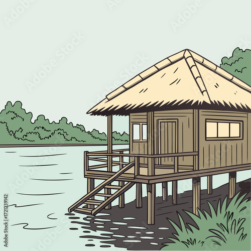 Vector art of a tranquil stilt house on the waters edge surrounded by lush greenery