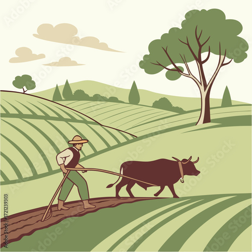 Vector art of farmer plowing field with ox in vintage style, rural landscape illustration