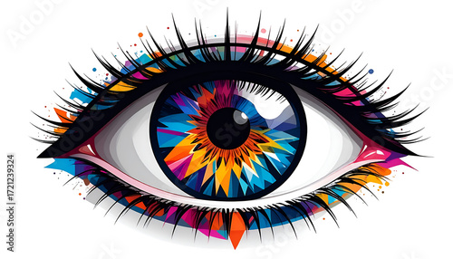 Minimalist digital illustration of human eye with abstract colorful iris design isolated on transparent background 
