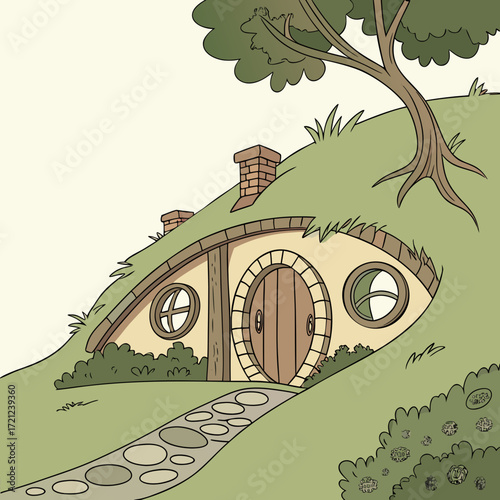 Vector art of hobbit house in the hill with round door and window illustration